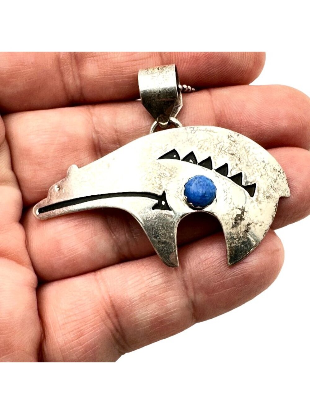 Vintage Blue Lapis Sterling Silver Bear Pendant Necklace Unisex Size 22 Inch